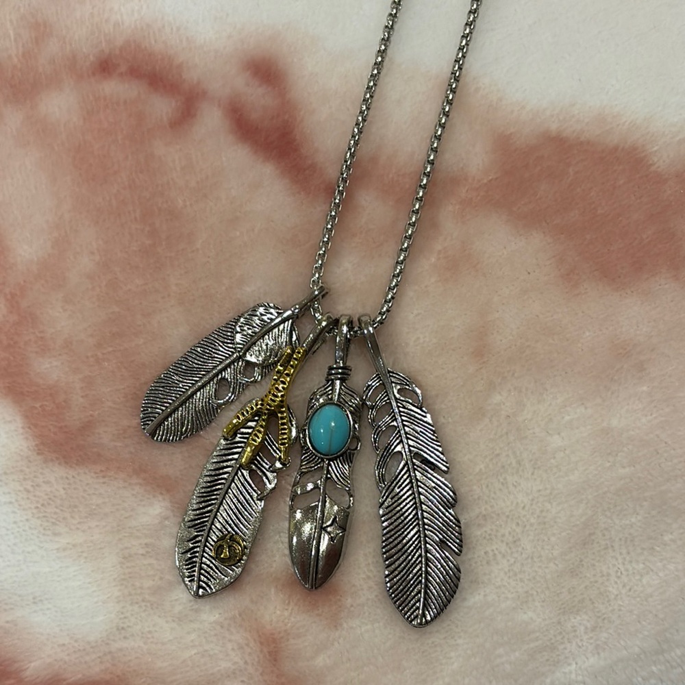 Silver Feather 4 Charm Pendant Necklace with Faux Turquoise and Gold Accents NWT - Picture 6 of 15